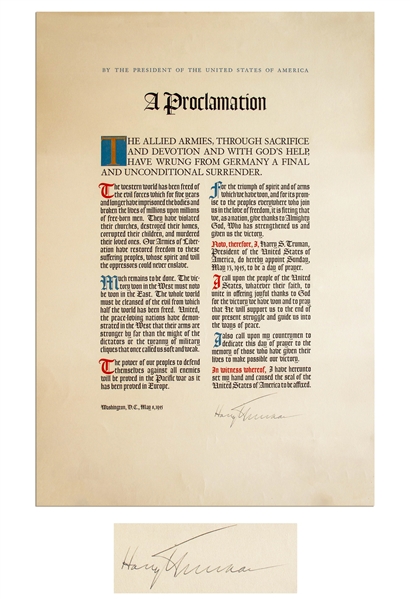 Rare Harry Truman WWII Victory Proclamation Signed as President -- Gifted to White House Staff in 1945 -- Near Fine Condition